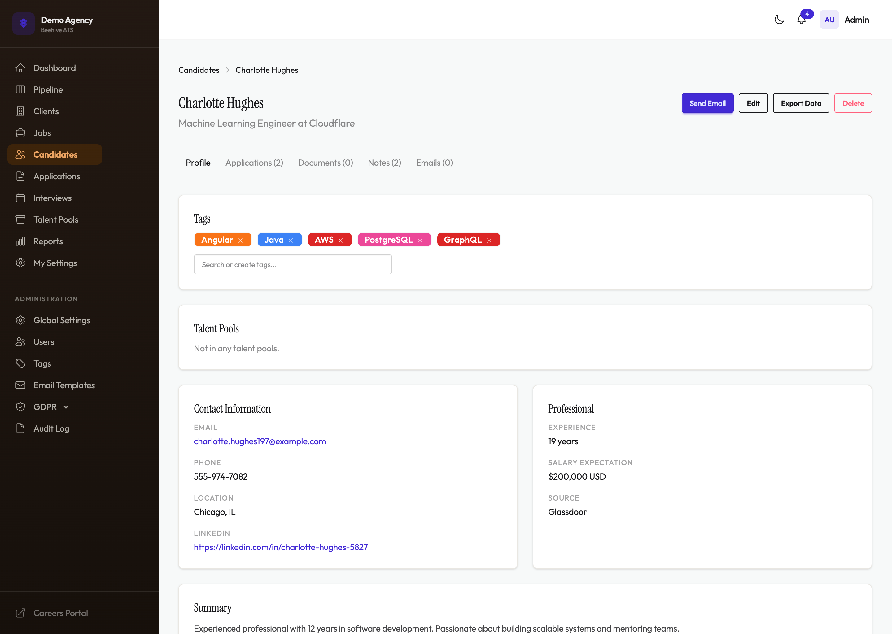 Beehive ATS candidate profile view