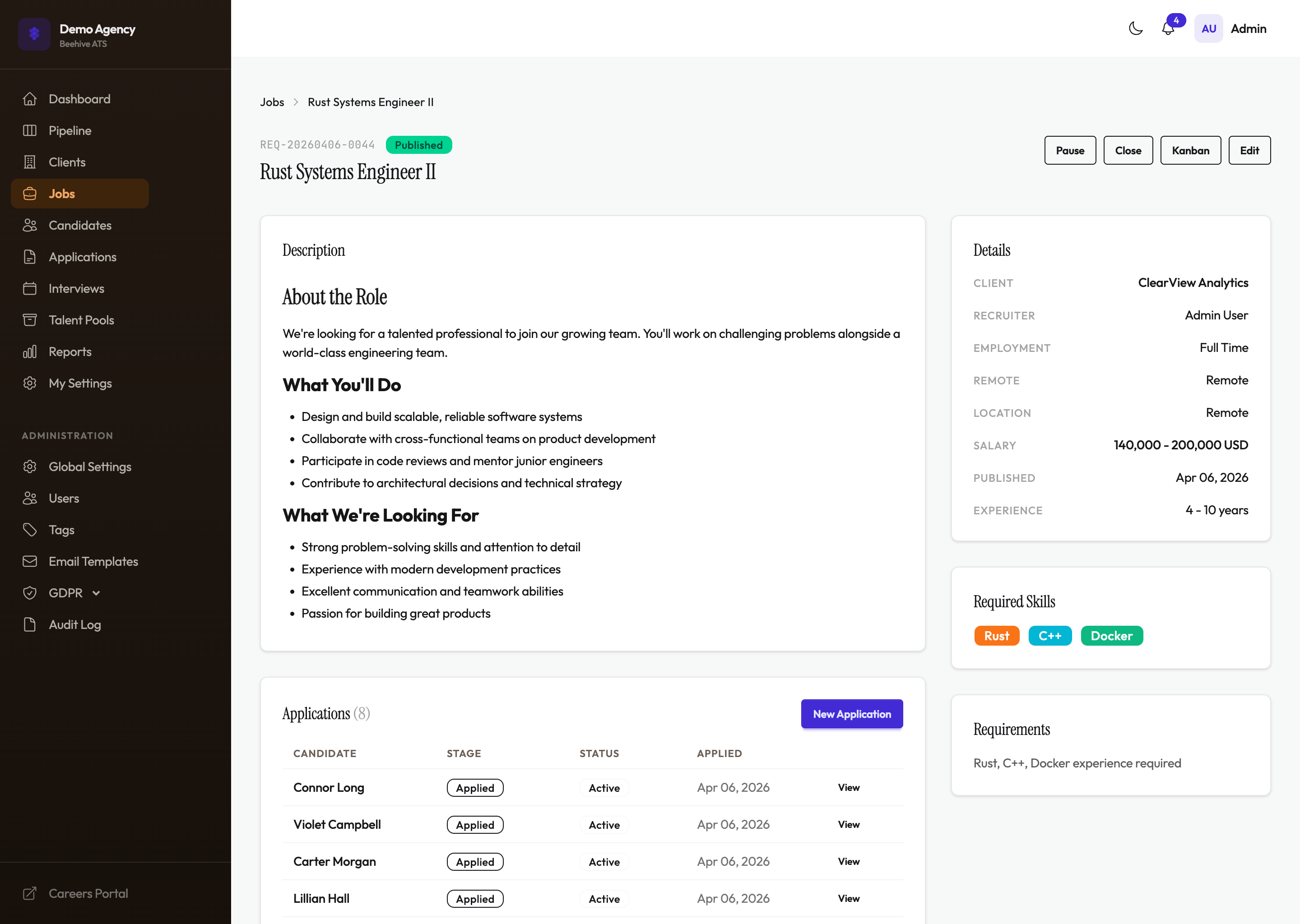 Beehive ATS job management view