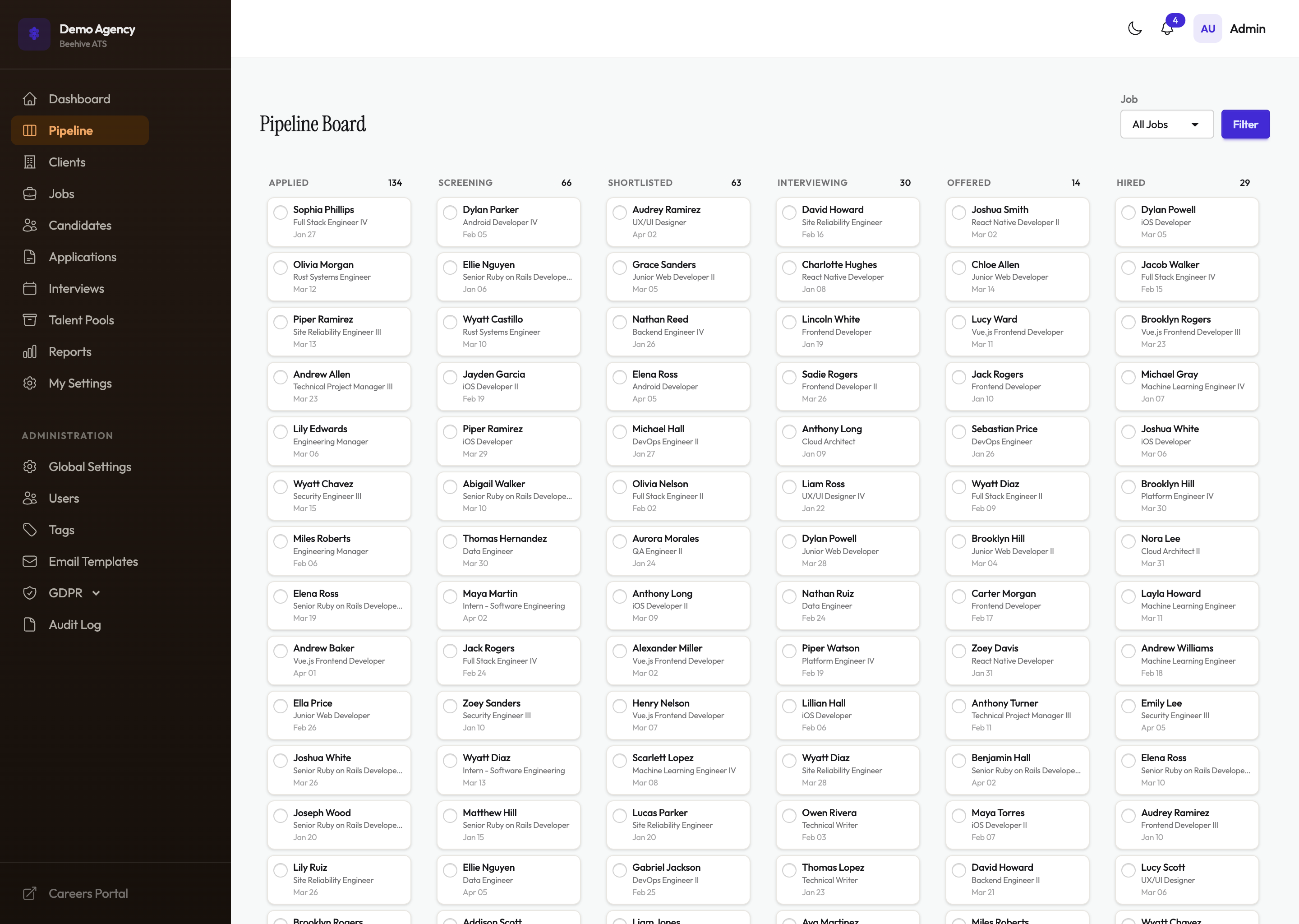 Beehive ATS candidate pipeline kanban board